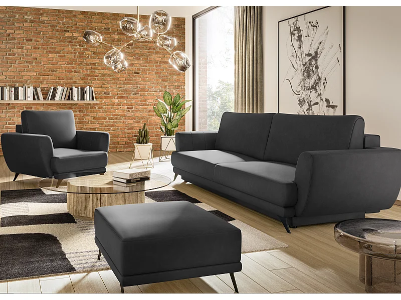 Ensemble canapé convertible simili cuirl noir Zora - 1 canapé 3 places + 1 fauteuil + 1 pouf