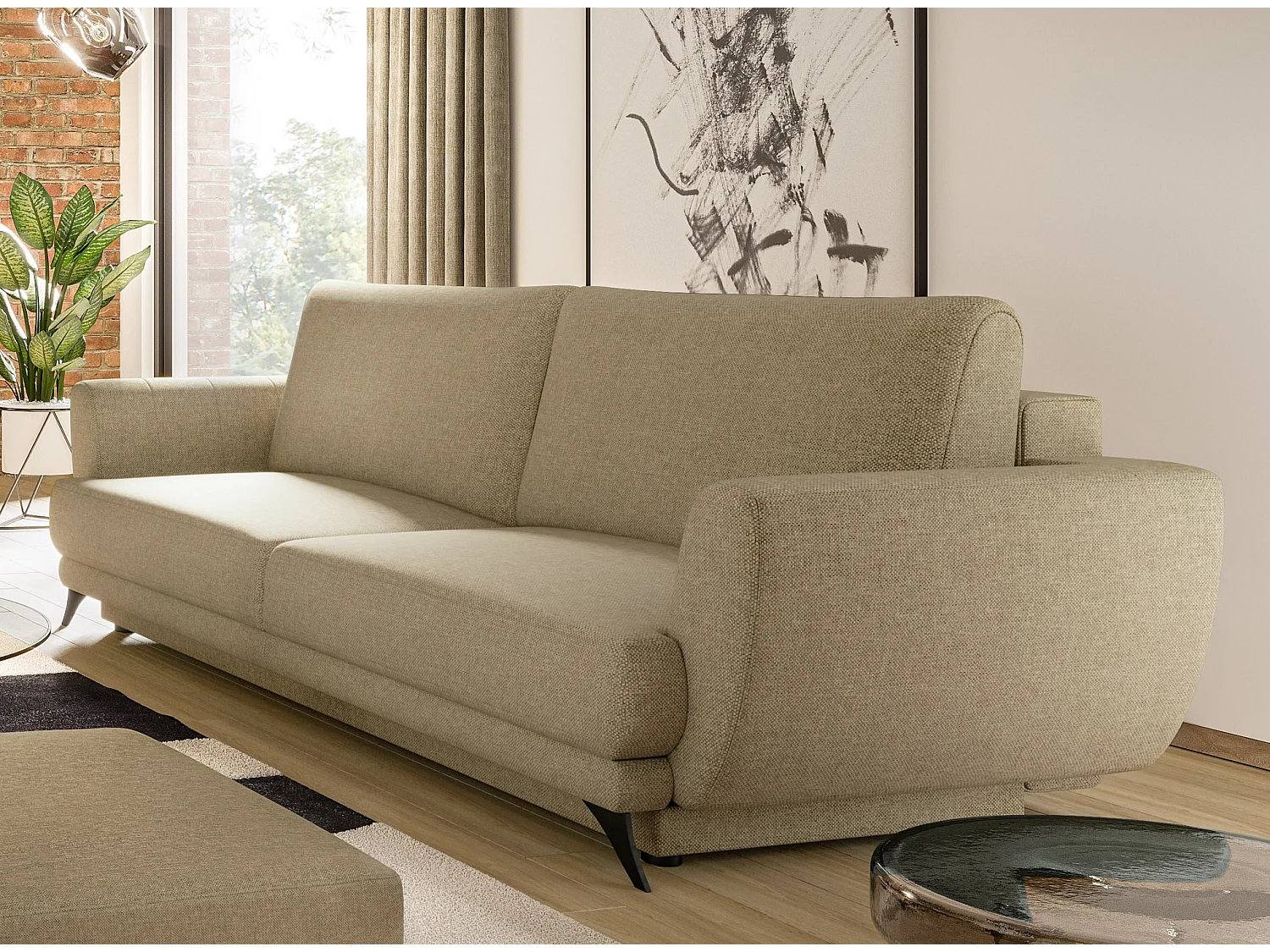 Ensemble canapé convertible tissu marron clair Zora - 1 canapé 3 places + 1 fauteuil + 1 pouf