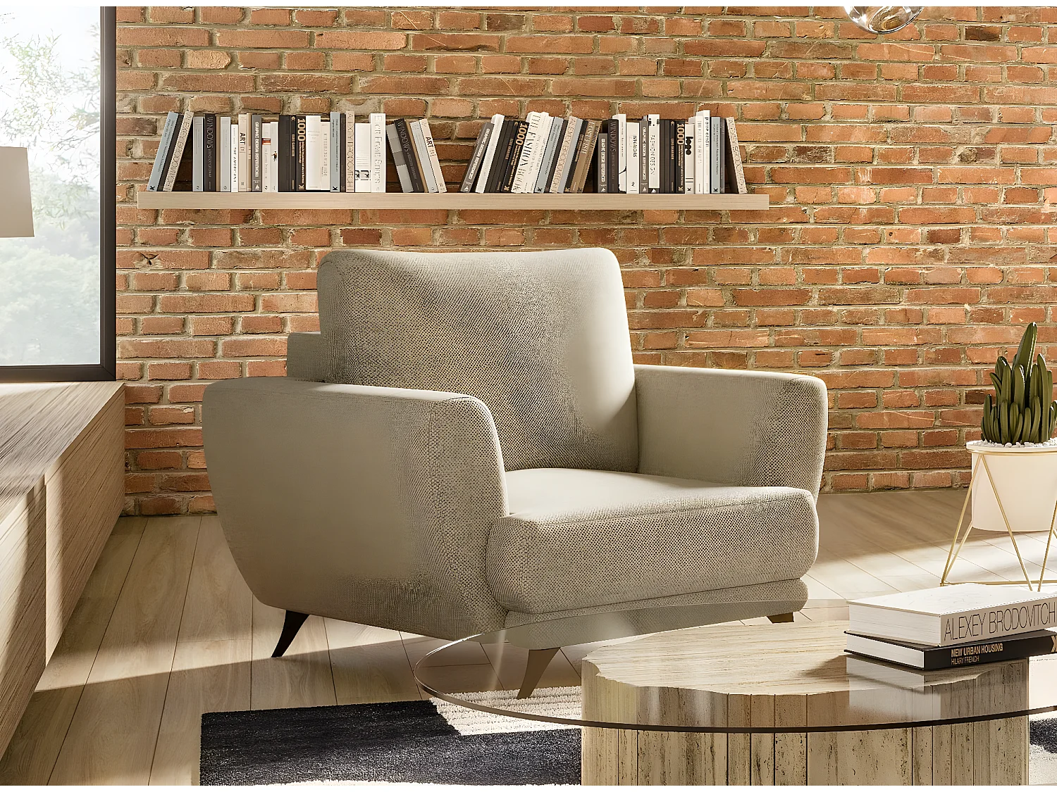 Ensemble canapé convertible tissu marron clair Zora - 1 canapé 3 places + 1 fauteuil + 1 pouf