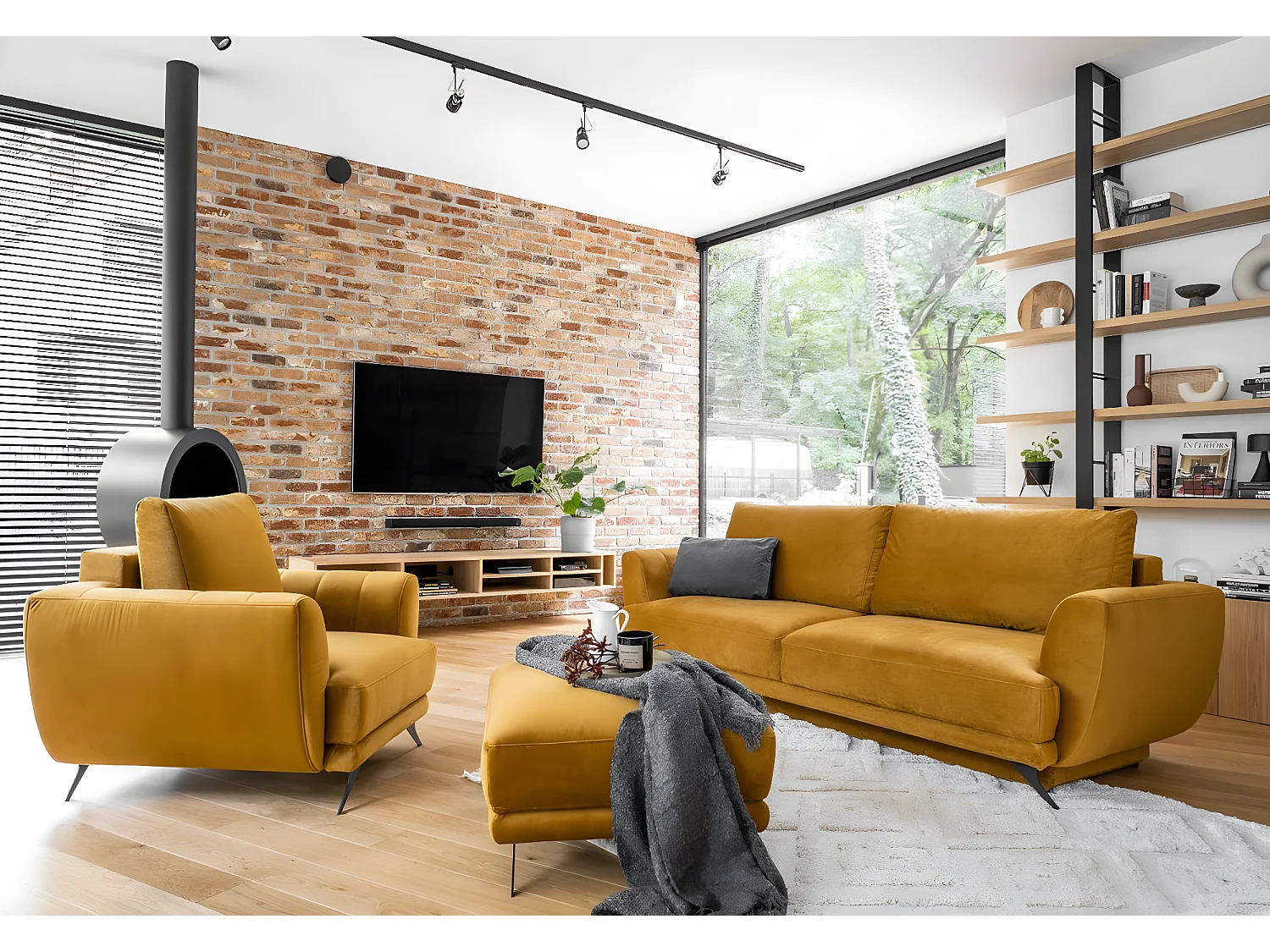 Ensemble canapé convertible tissu marron clair Zora - 1 canapé 3 places + 1 fauteuil + 1 pouf