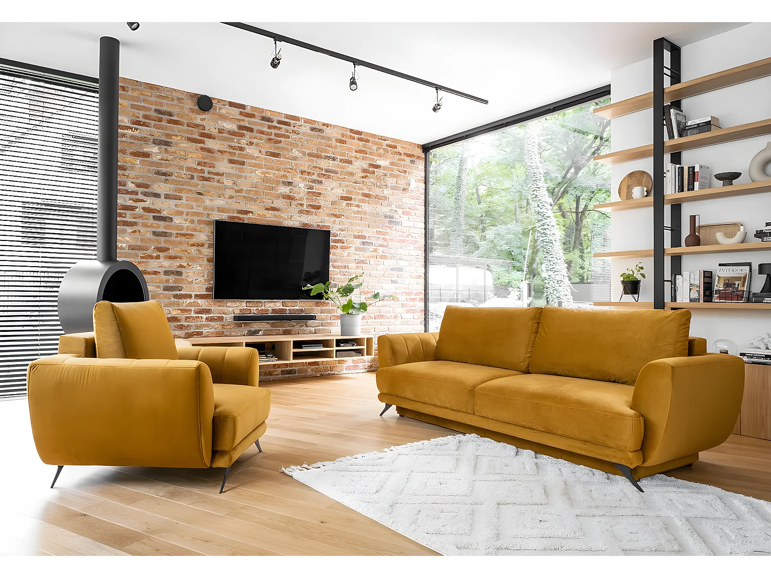 Ensemble canapé convertible tissu marron clair Zora - 1 canapé 3 places + 1 fauteuil + 1 pouf