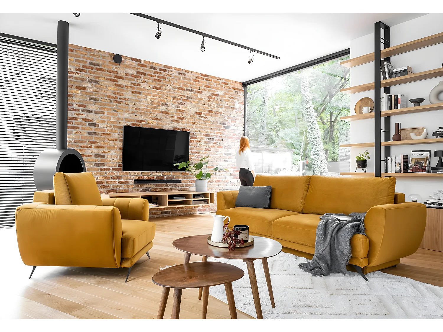 Ensemble canapé convertible tissu marron clair Zora - 1 canapé 3 places + 1 fauteuil + 1 pouf