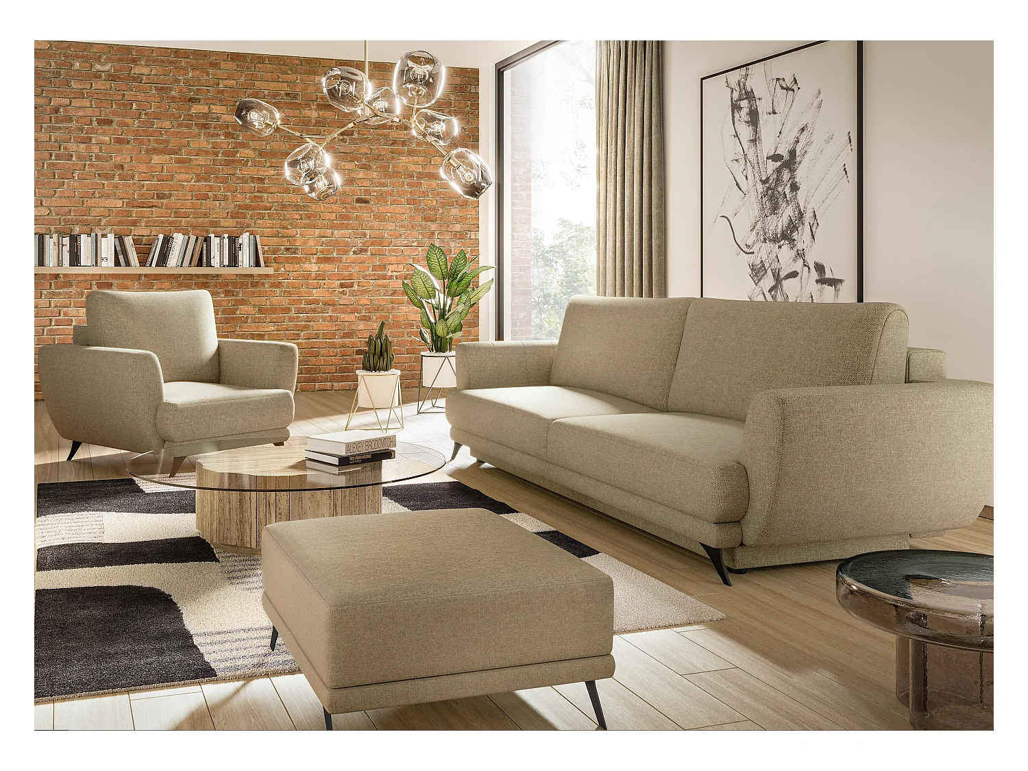 Ensemble canapé convertible tissu marron clair Zora - 1 canapé 3 places + 1 fauteuil + 1 pouf