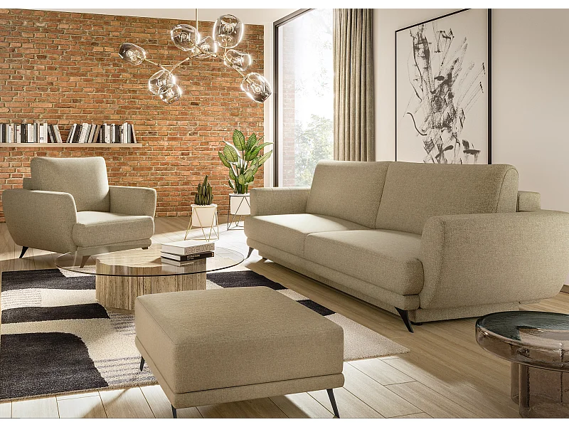 Ensemble canapé convertible tissu marron clair Zora - 1 canapé 3 places + 1 fauteuil + 1 pouf