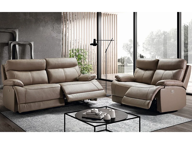 Ensemble canapé de relaxation 3 places électrique 2 places fixe cuir beige Ducka