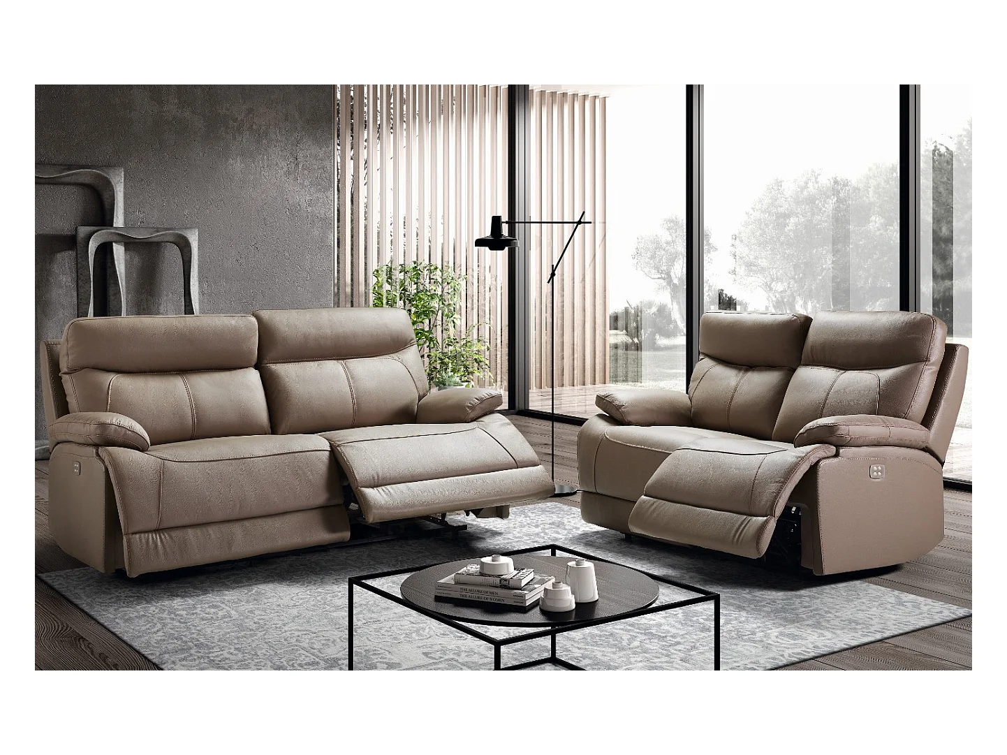 Ensemble canapé de relaxation 3 places électrique 2 places fixe cuir beige Ducka