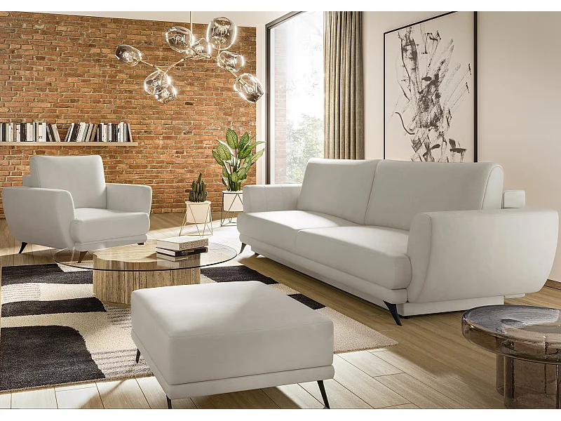 Ensemble canapé convertible simili cuirl blanc Zora - 1 canapé 3 places + 1 fauteuil + 1 pouf