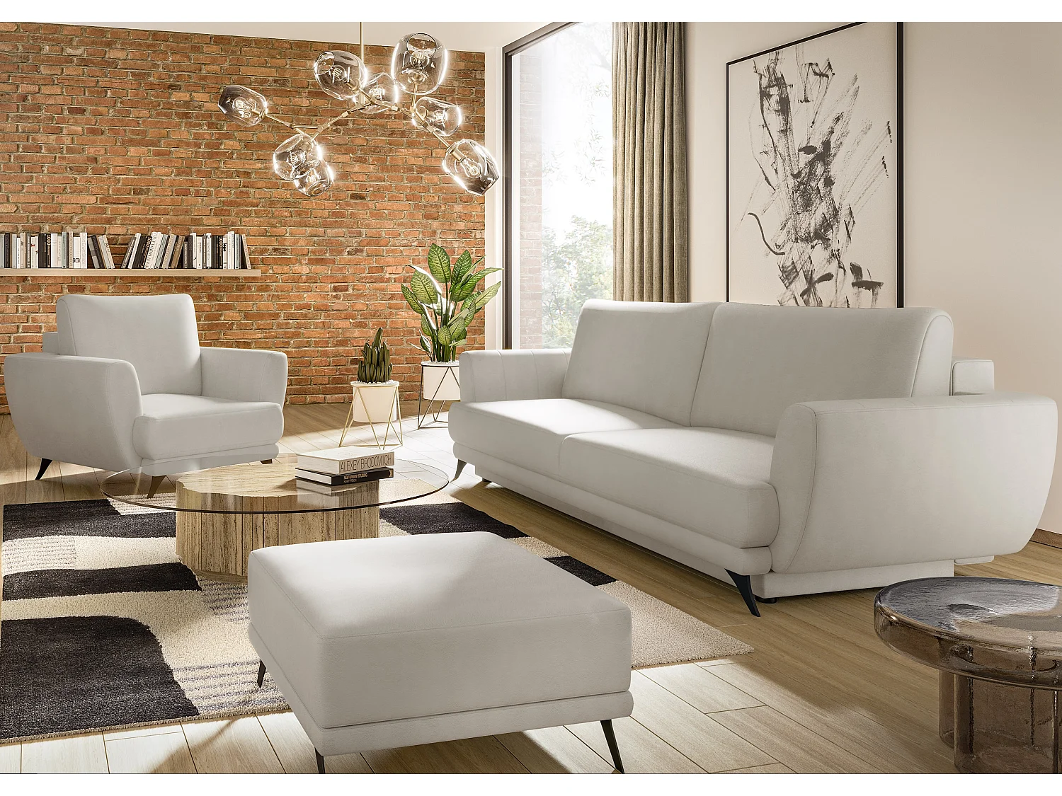 Ensemble canapé convertible simili cuirl blanc Zora - 1 canapé 3 places + 1 fauteuil + 1 pouf