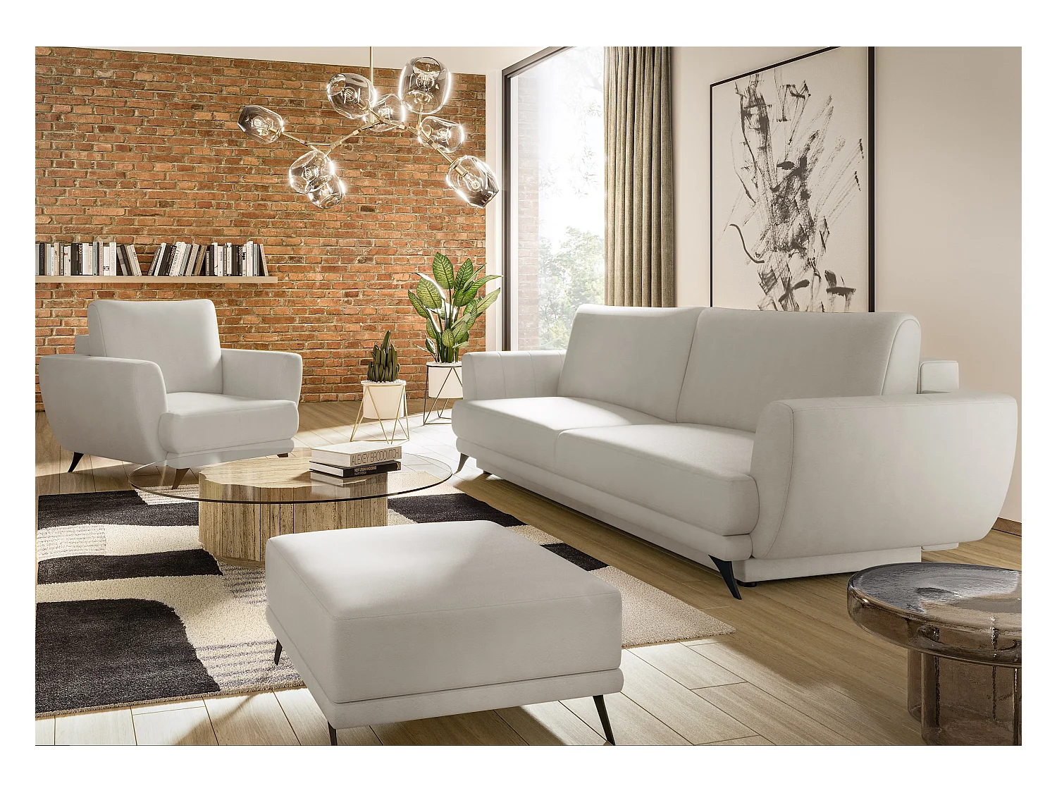 Ensemble canapé convertible simili cuirl blanc Zora - 1 canapé 3 places + 1 fauteuil + 1 pouf