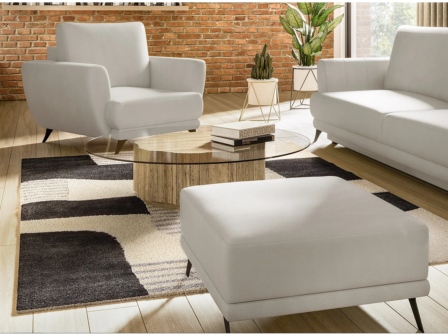 Ensemble canapé convertible simili cuirl blanc Zora - 1 canapé 3 places + 1 fauteuil + 1 pouf