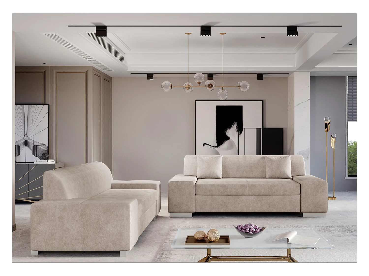 Ensemble Canapé minimaliste 2 et 3 places tissu beige Plazo