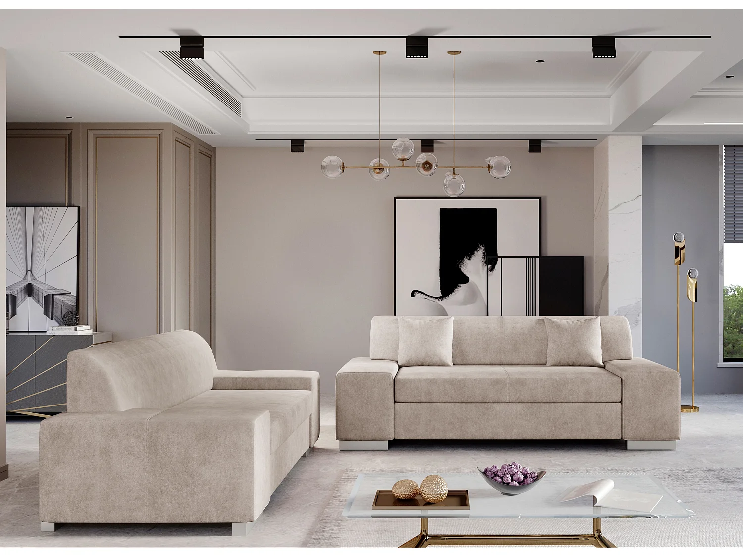 Ensemble Canapé minimaliste 2 et 3 places tissu beige Plazo