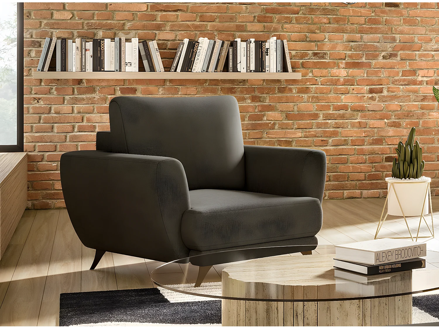 Ensemble canapé convertible tissu marron Zora - 1 canapé 3 places + 1 fauteuil + 1 pouf