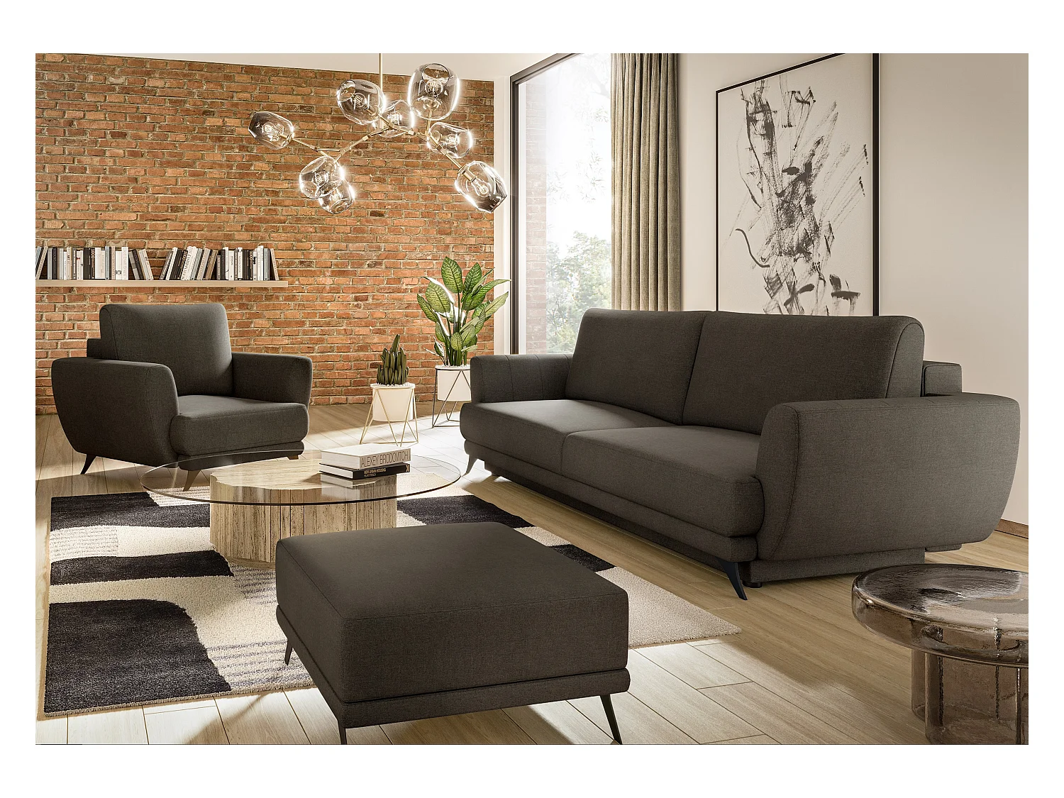 Ensemble canapé convertible tissu marron Zora - 1 canapé 3 places + 1 fauteuil + 1 pouf