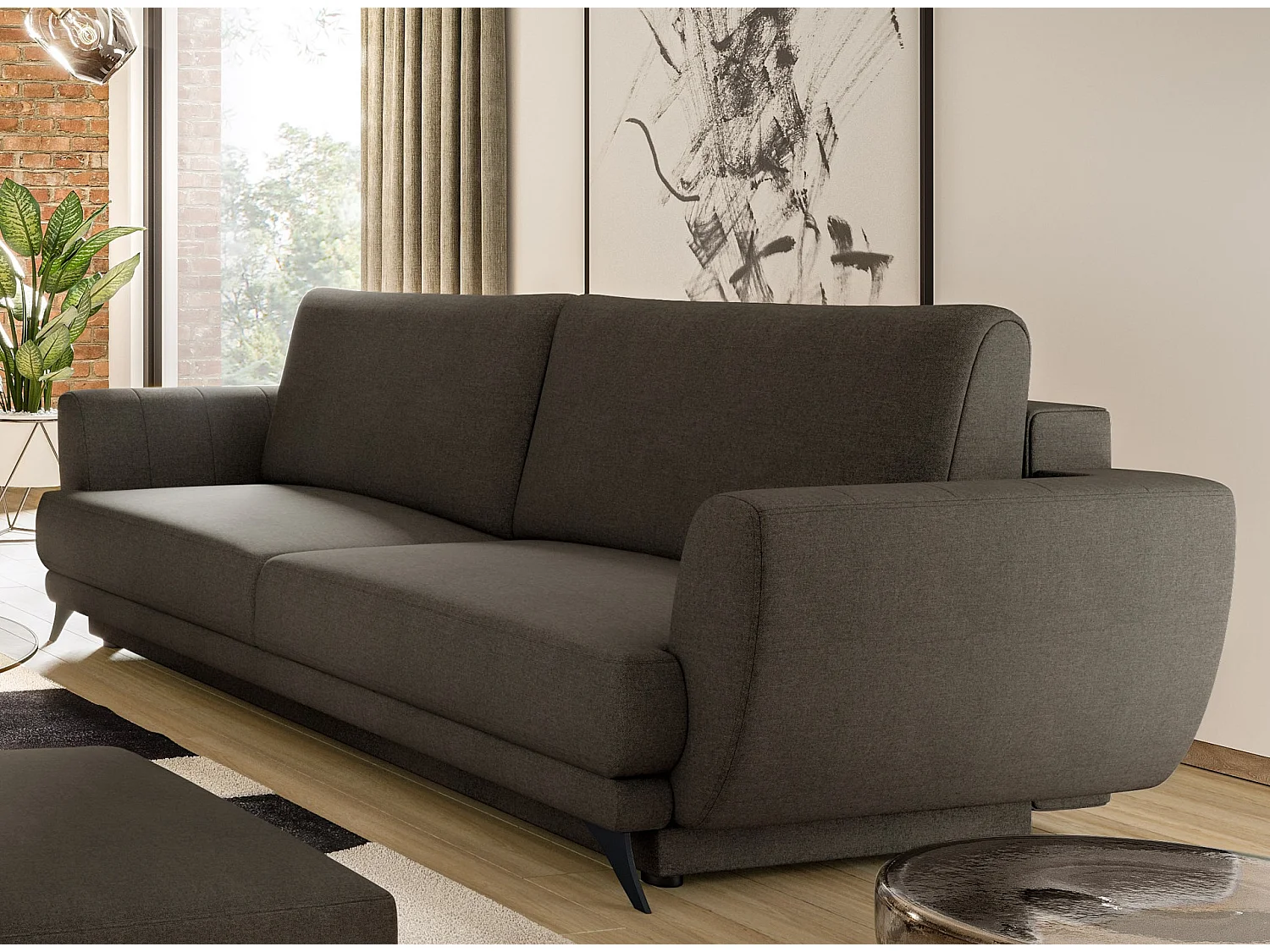 Ensemble canapé convertible tissu marron Zora - 1 canapé 3 places + 1 fauteuil + 1 pouf