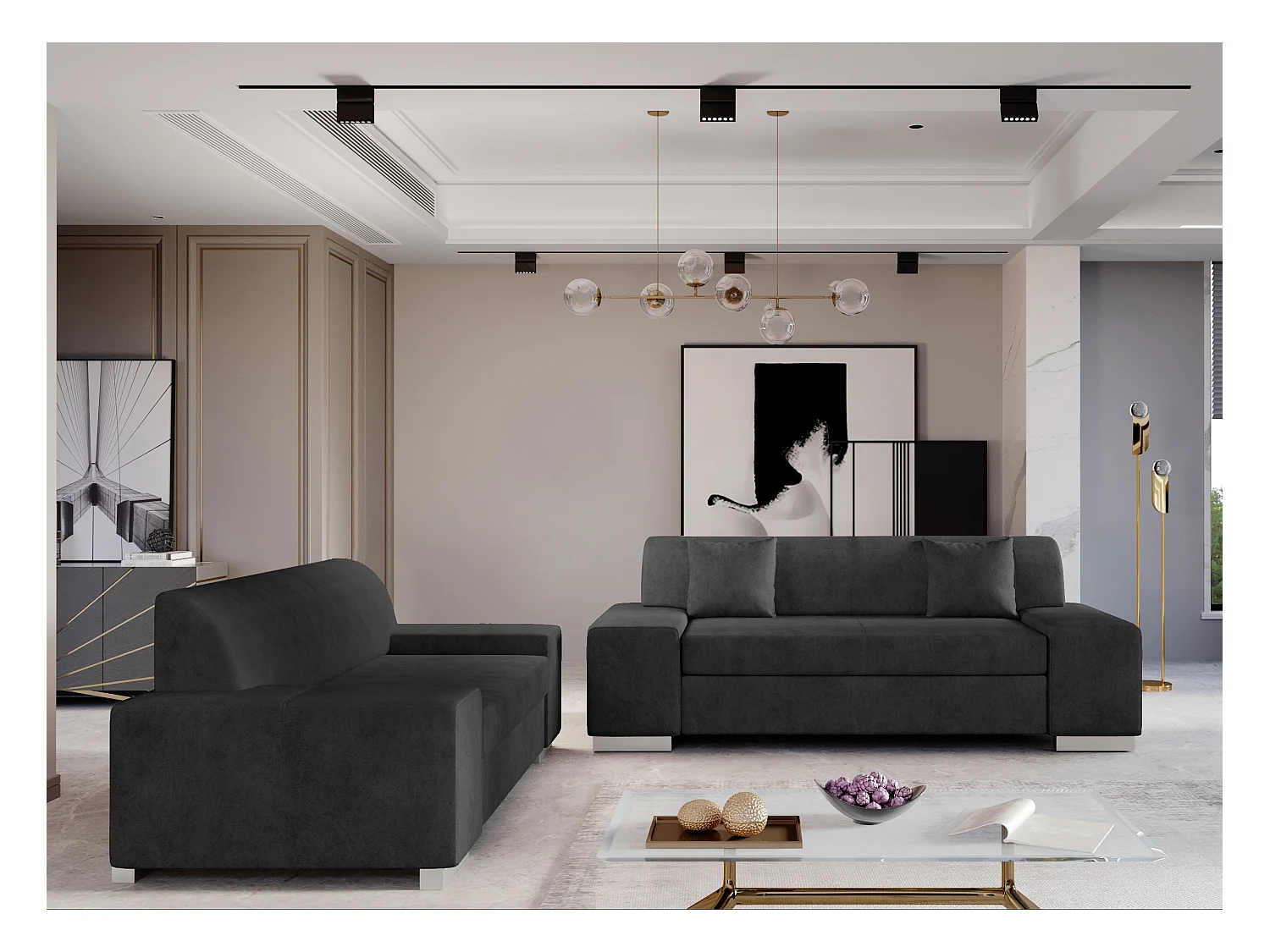 Ensemble Canapé minimaliste 2 et 3 places tissu anthracite Plazo