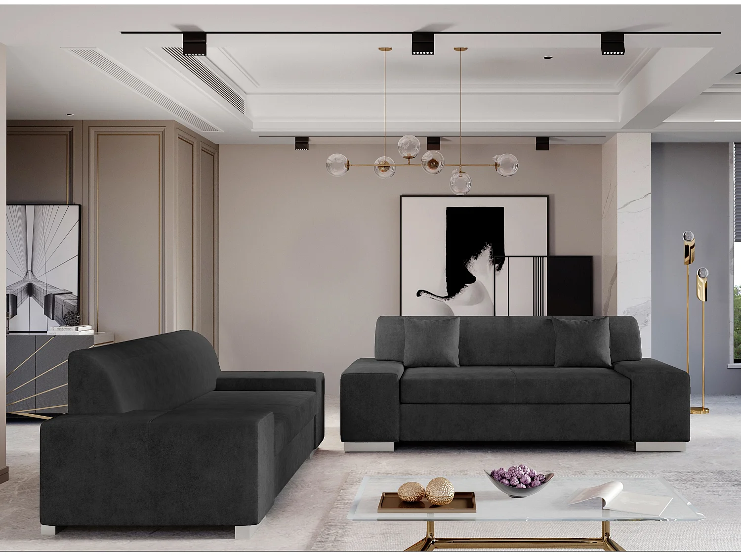 Ensemble Canapé minimaliste 2 et 3 places tissu anthracite Plazo