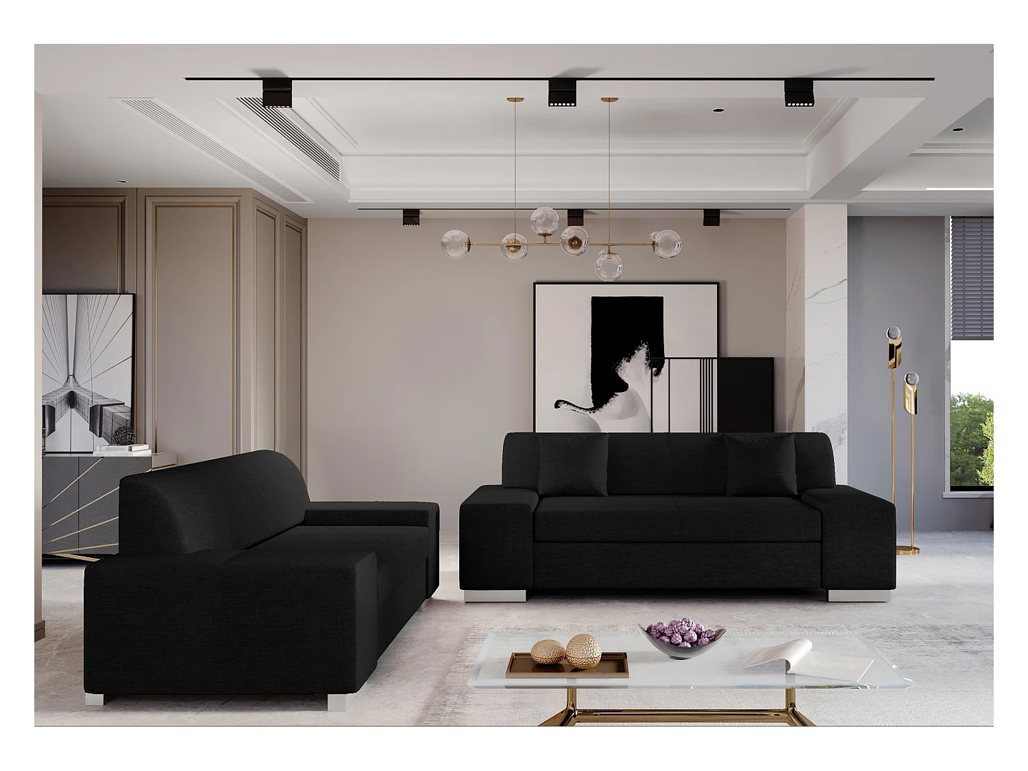 Ensemble Canapé minimaliste 2 et 3 places tissu noir Plazo