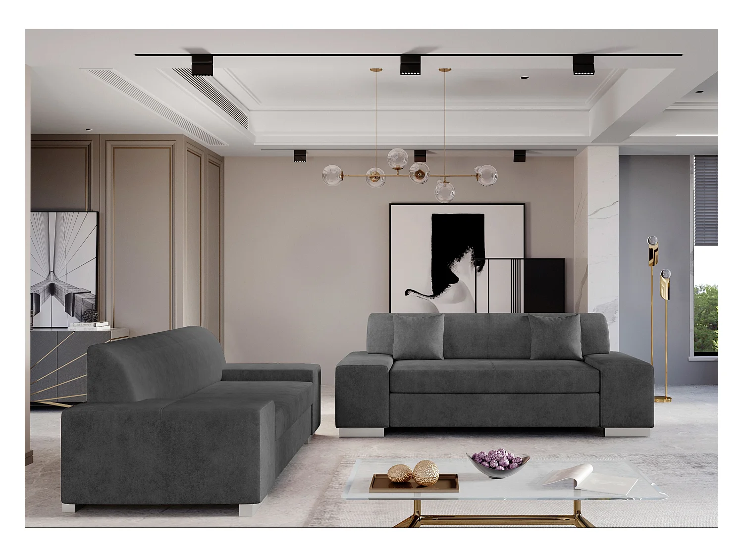 Ensemble Canapé minimaliste 2 et 3 places tissu gris foncé Plazo
