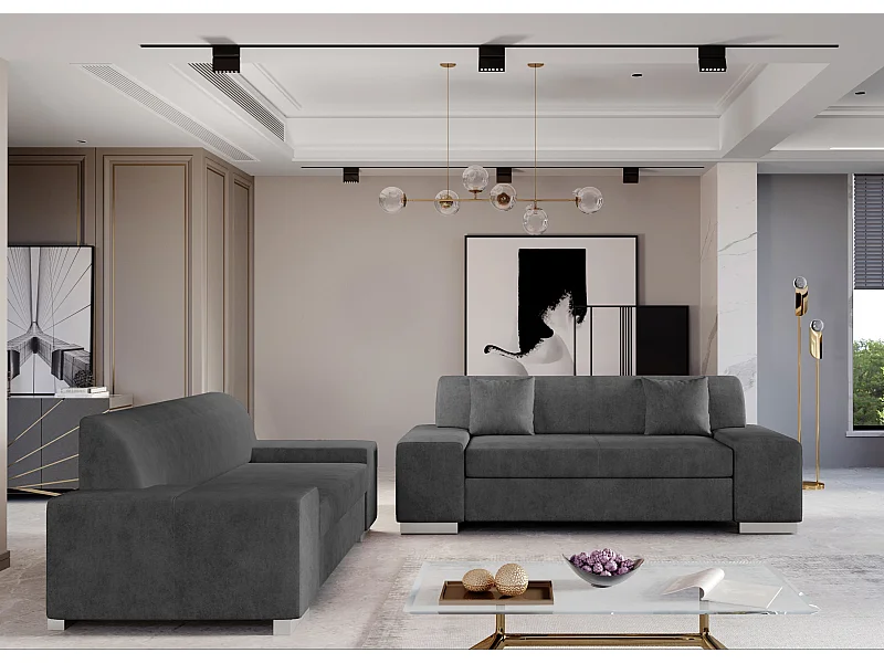 Ensemble Canapé minimaliste 2 et 3 places tissu gris foncé Plazo