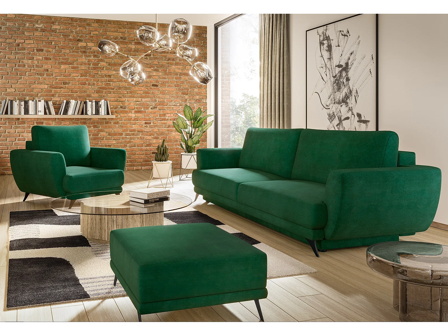 Ensemble canapé convertible tissu vert Zora - 1 canapé 3 places + 1 fauteuil + 1 pouf