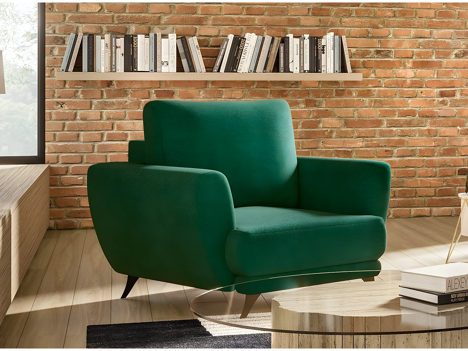 Ensemble canapé convertible tissu vert Zora - 1 canapé 3 places + 1 fauteuil + 1 pouf