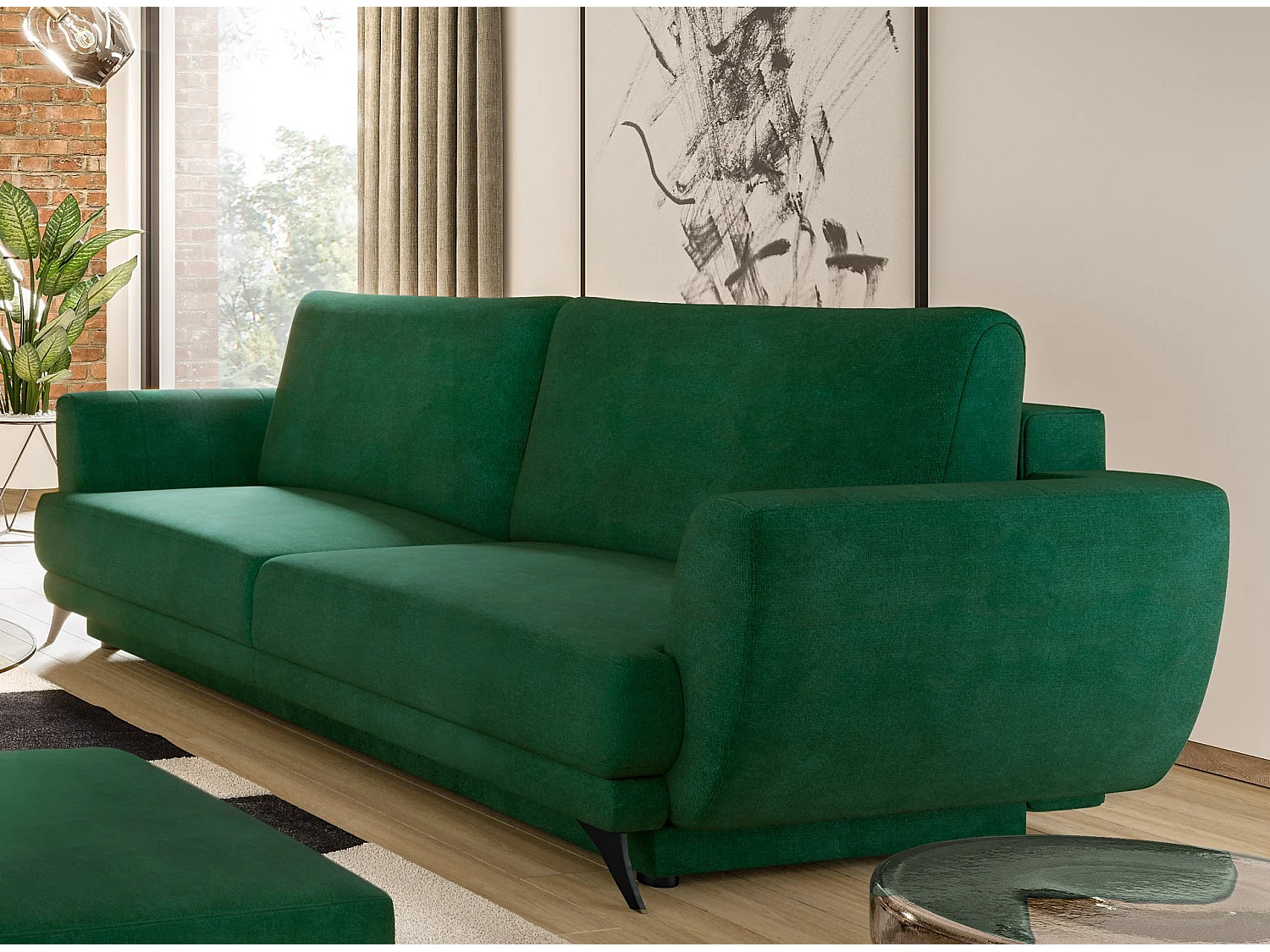 Ensemble canapé convertible tissu vert Zora - 1 canapé 3 places + 1 fauteuil + 1 pouf
