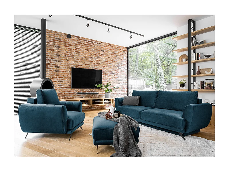 Ensemble canapé convertible velours bleu Zora - 1 canapé 3 places + 1 fauteuil + 1 pouf