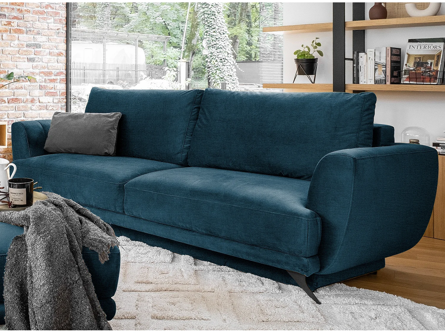 Ensemble canapé convertible velours bleu Zora - 1 canapé 3 places + 1 fauteuil + 1 pouf