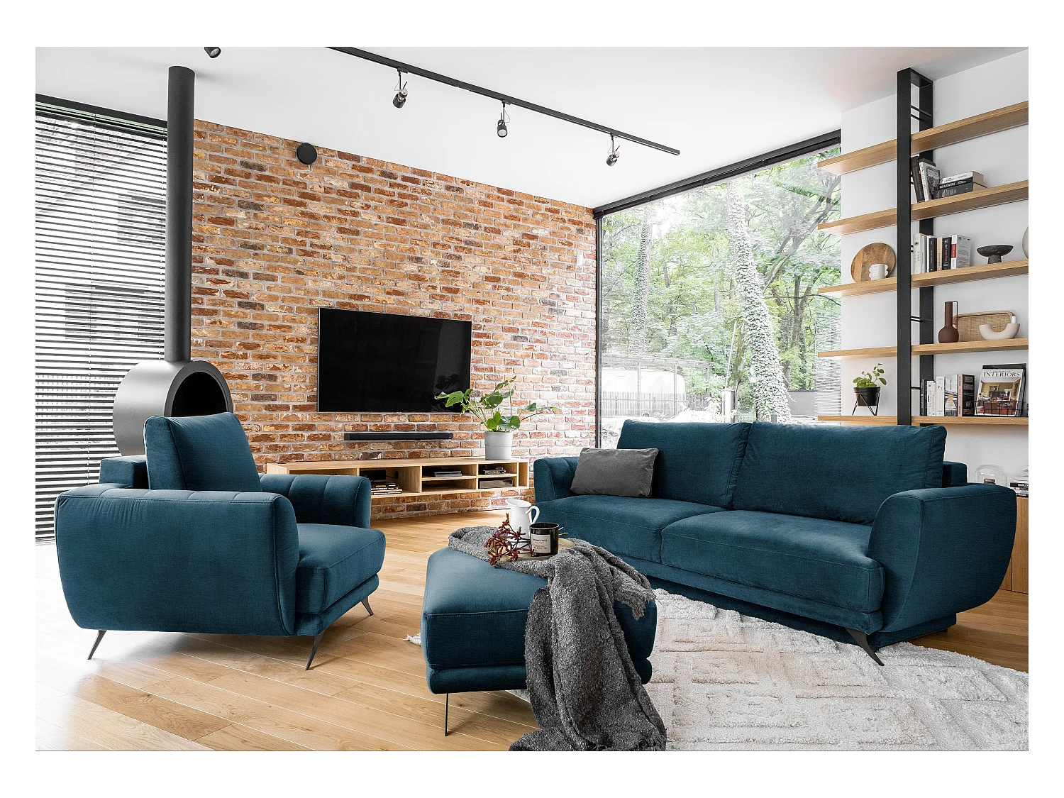 Ensemble canapé convertible velours bleu Zora - 1 canapé 3 places + 1 fauteuil + 1 pouf
