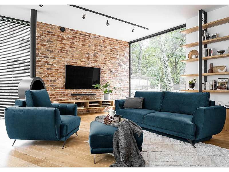 Ensemble canapé convertible velours bleu Zora - 1 canapé 3 places + 1 fauteuil + 1 pouf