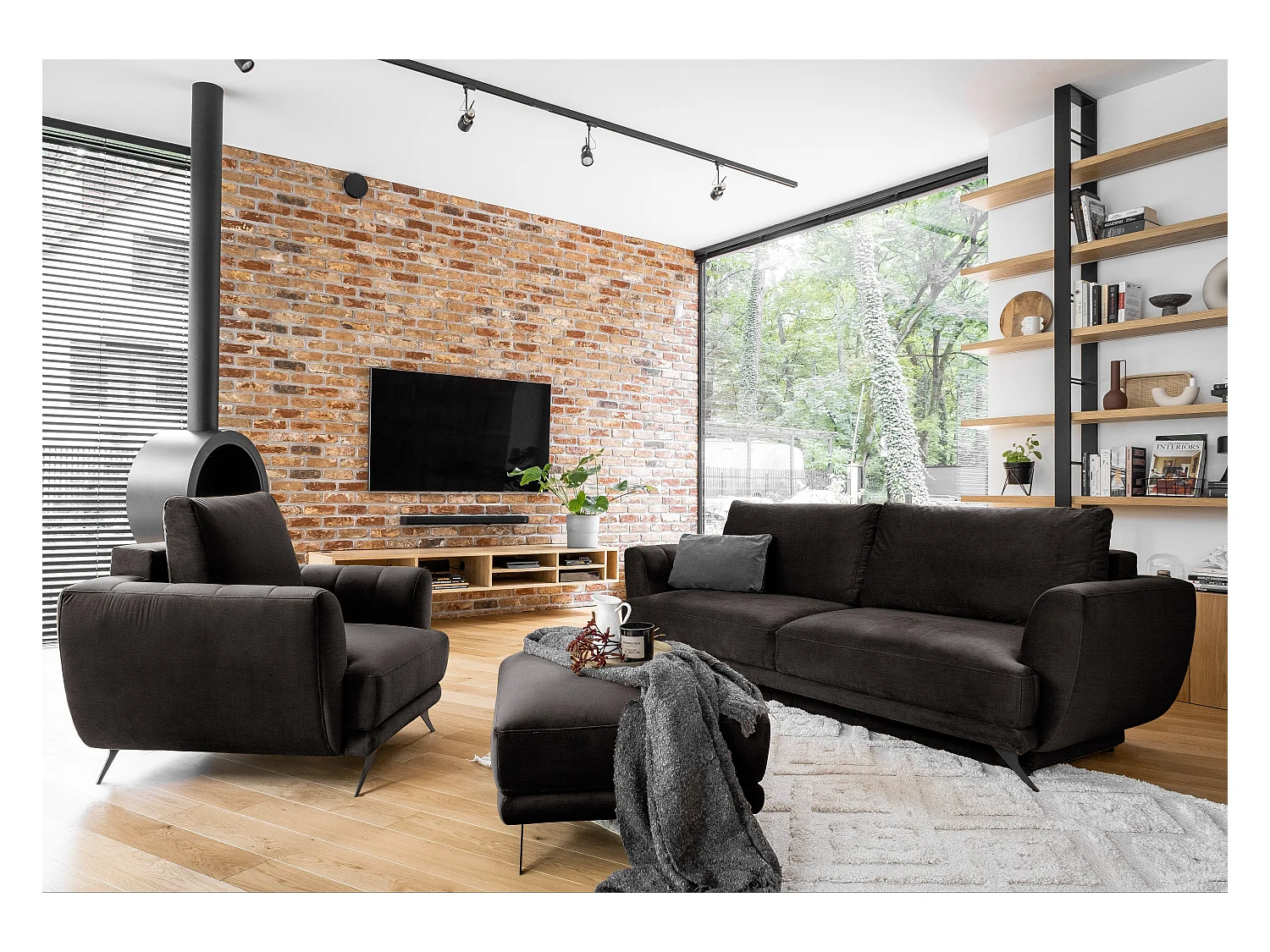 Ensemble canapé convertible velours marron Zora - 1 canapé 3 places + 1 fauteuil + 1 pouf