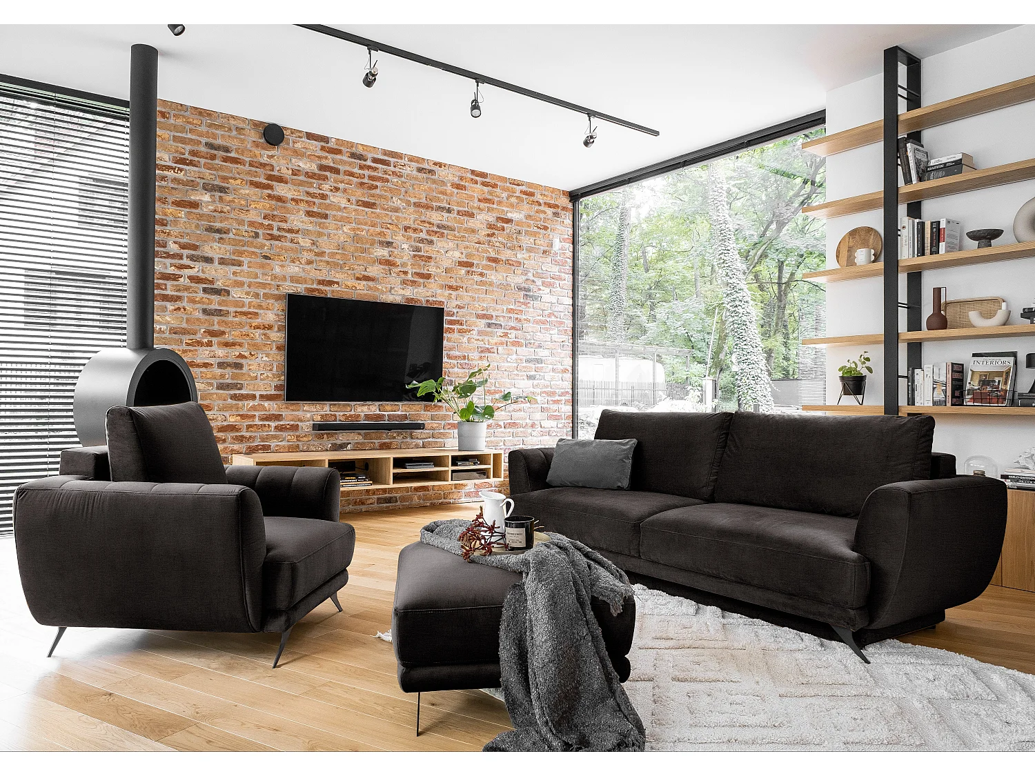 Ensemble canapé convertible velours marron Zora - 1 canapé 3 places + 1 fauteuil + 1 pouf