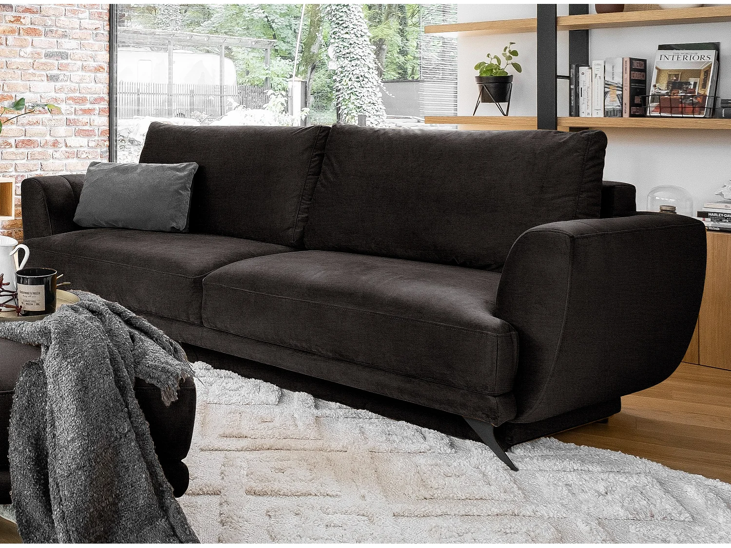 Ensemble canapé convertible velours marron Zora - 1 canapé 3 places + 1 fauteuil + 1 pouf