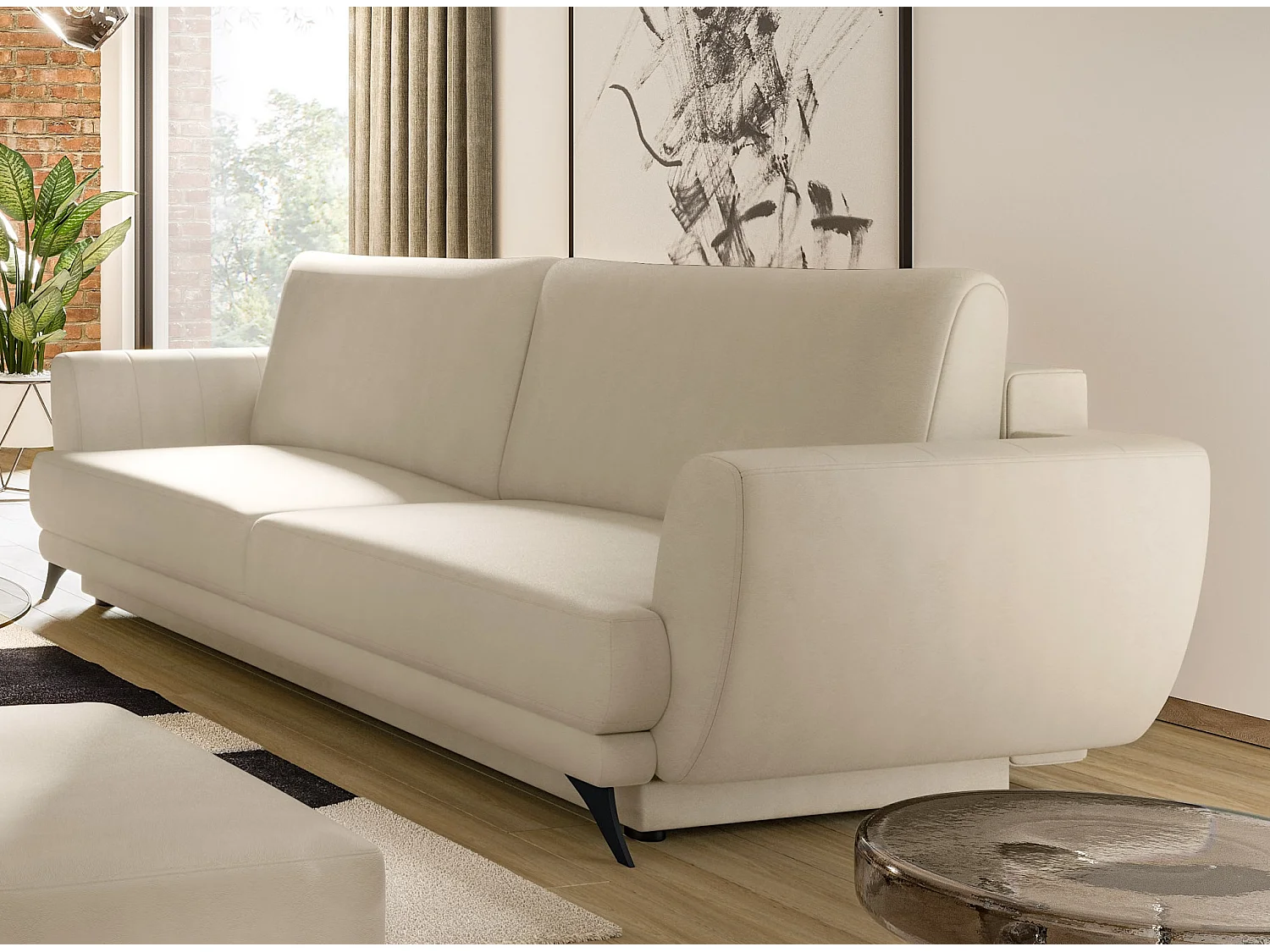 Ensemble canapé convertible simili cuirl beige Zora - 1 canapé 3 places + 1 fauteuil + 1 pouf