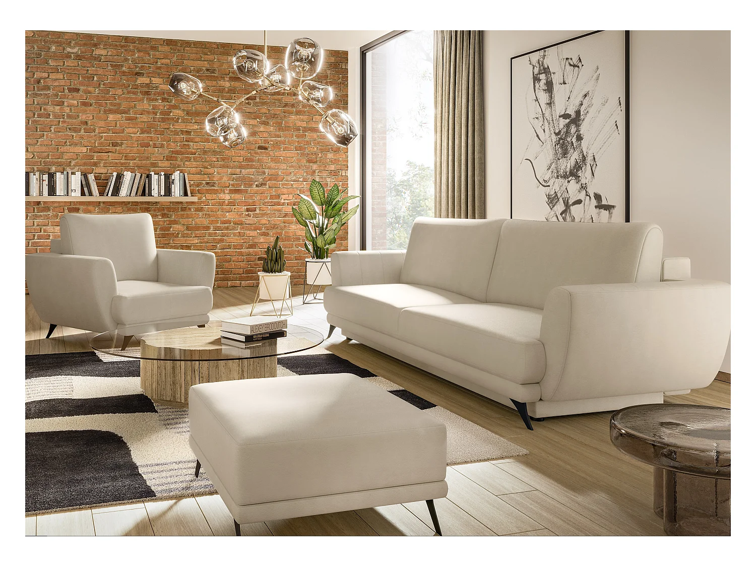 Ensemble canapé convertible simili cuirl beige Zora - 1 canapé 3 places + 1 fauteuil + 1 pouf