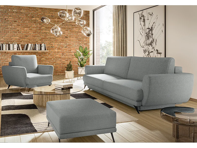 Ensemble canapé convertible tissu gris clair Zora - 1 canapé 3 places + 1 fauteuil + 1 pouf