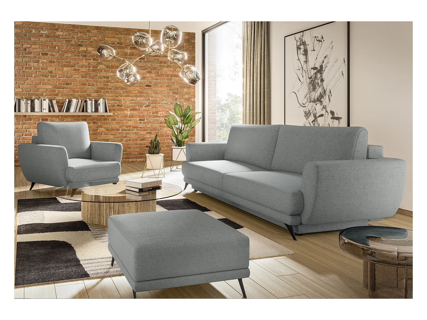 Ensemble canapé convertible tissu gris clair Zora - 1 canapé 3 places + 1 fauteuil + 1 pouf