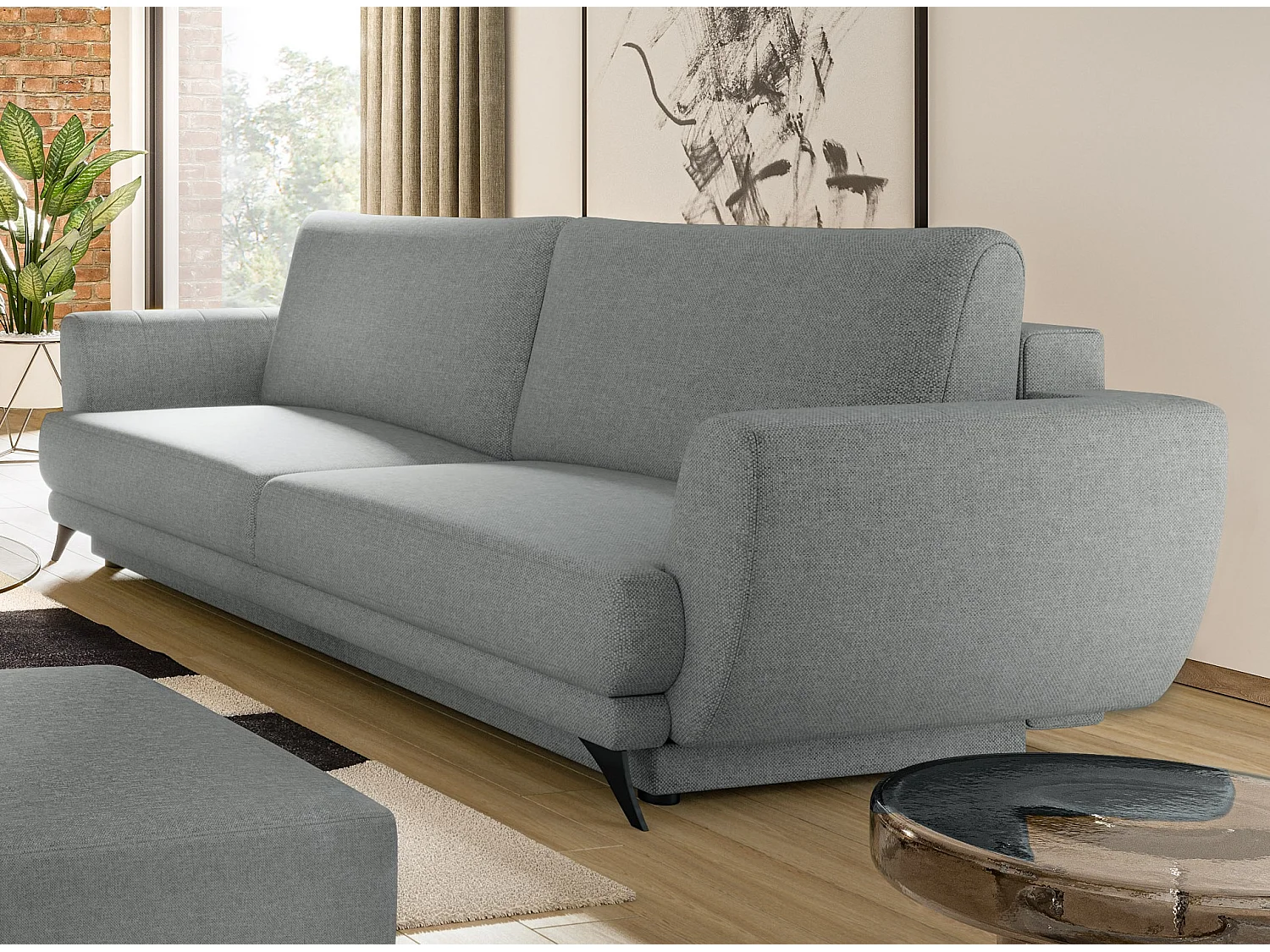 Ensemble canapé convertible tissu gris clair Zora - 1 canapé 3 places + 1 fauteuil + 1 pouf