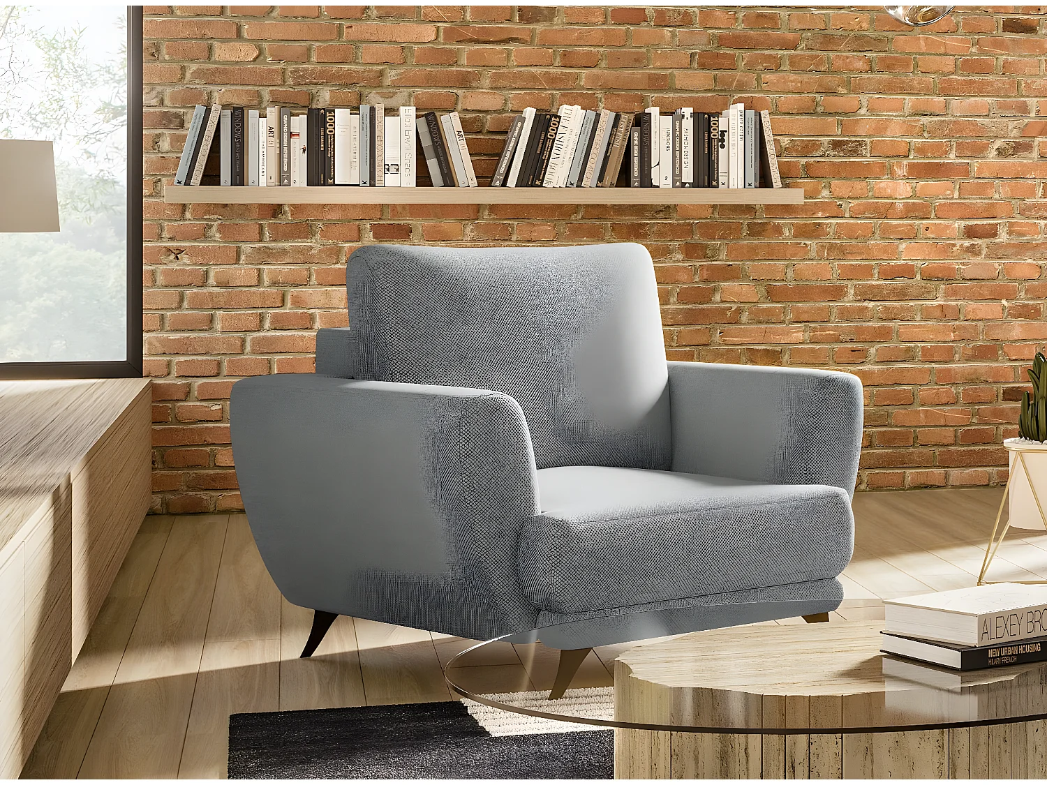 Ensemble canapé convertible tissu gris clair Zora - 1 canapé 3 places + 1 fauteuil + 1 pouf
