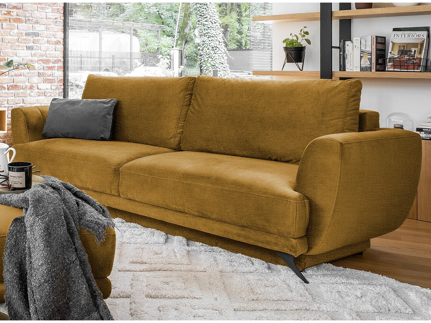 Ensemble canapé convertible velours jaune moutarde Zora - 1 canapé 3 places + 1 fauteuil + 1 pouf