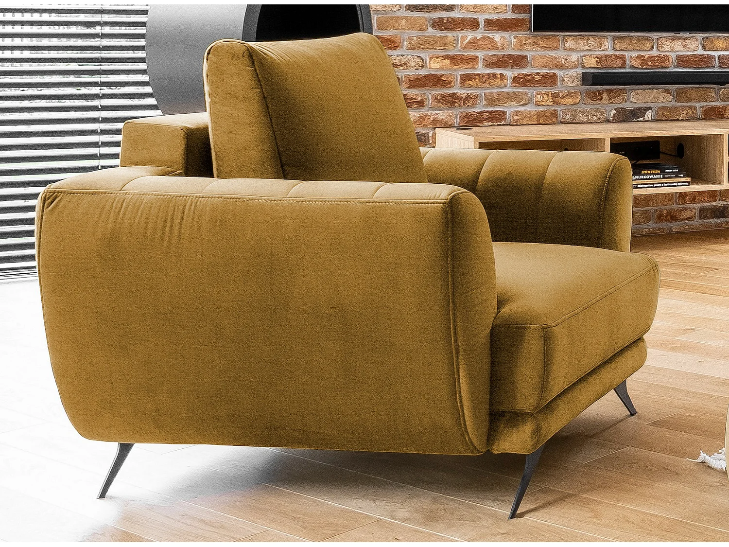 Ensemble canapé convertible velours jaune moutarde Zora - 1 canapé 3 places + 1 fauteuil + 1 pouf