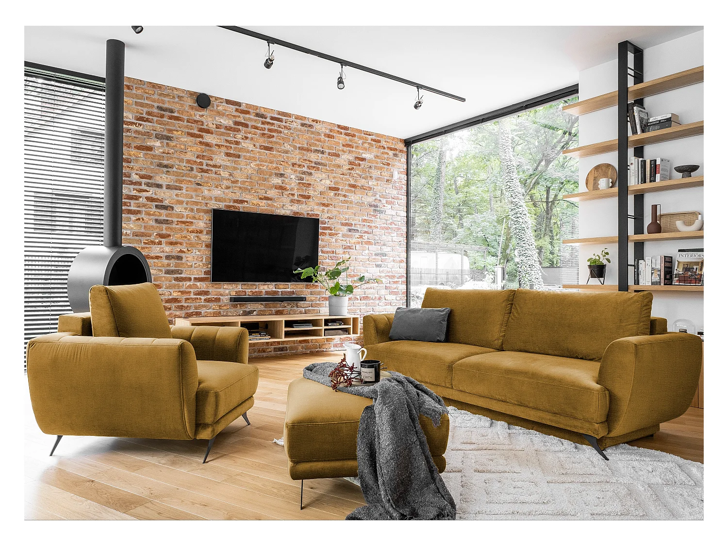 Ensemble canapé convertible velours jaune moutarde Zora - 1 canapé 3 places + 1 fauteuil + 1 pouf