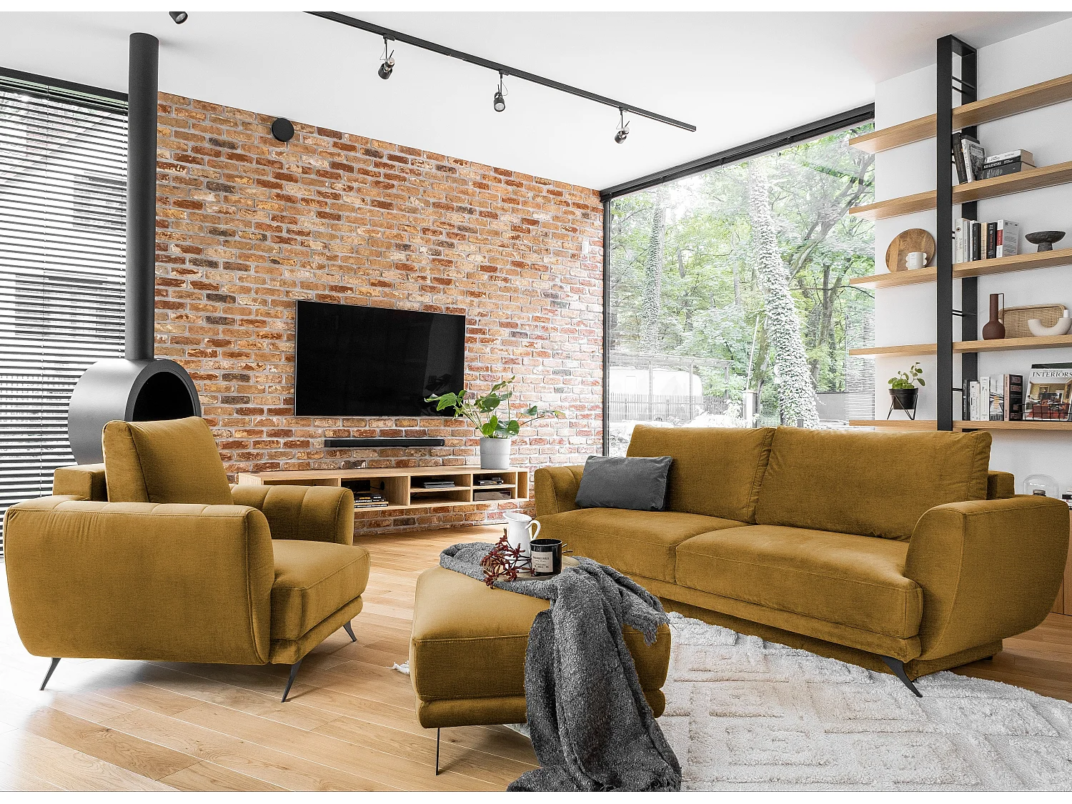 Ensemble canapé convertible velours jaune moutarde Zora - 1 canapé 3 places + 1 fauteuil + 1 pouf