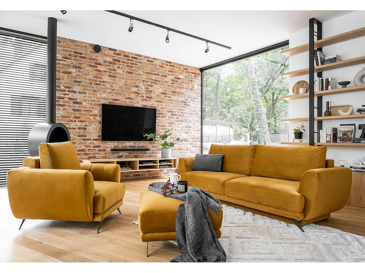 Ensemble canapé convertible velours jaune moutarde Zora - 1 canapé 3 places + 1 fauteuil + 1 pouf