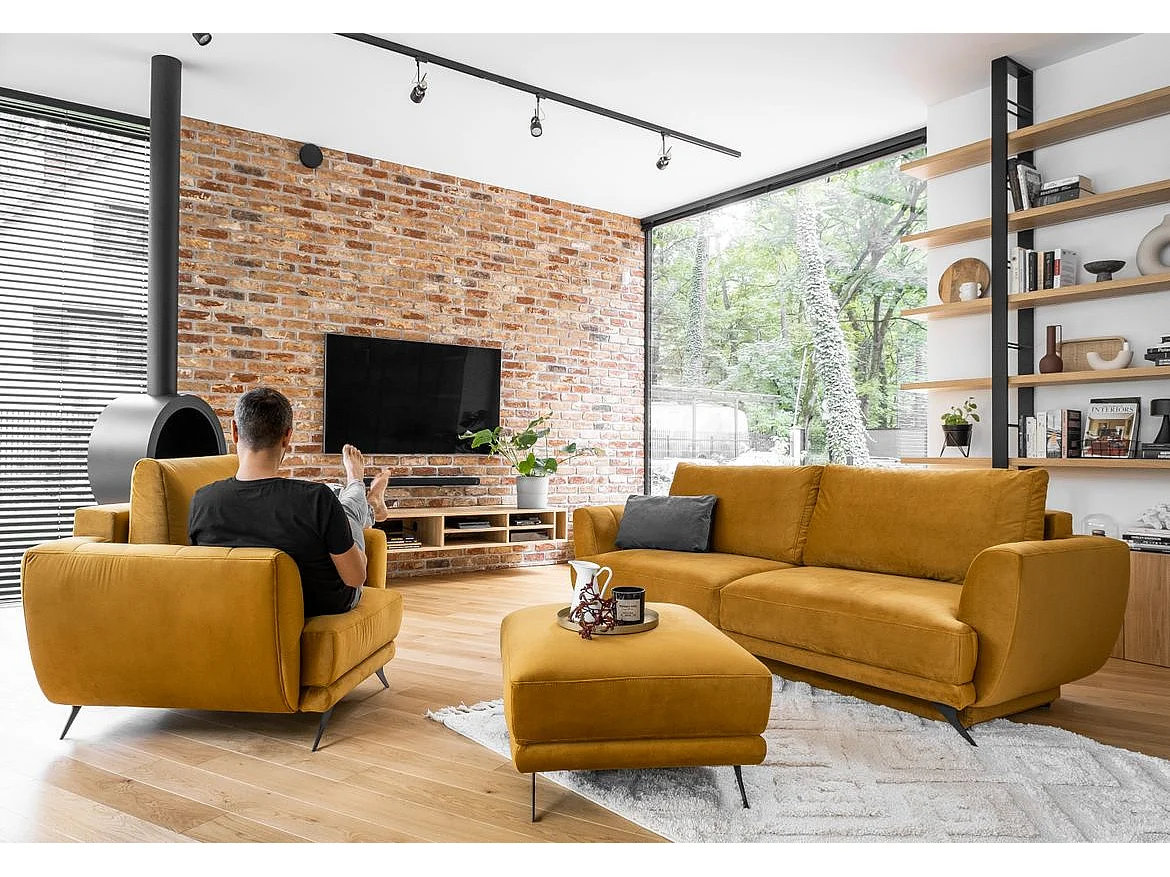 Ensemble canapé convertible velours jaune moutarde Zora - 1 canapé 3 places + 1 fauteuil + 1 pouf