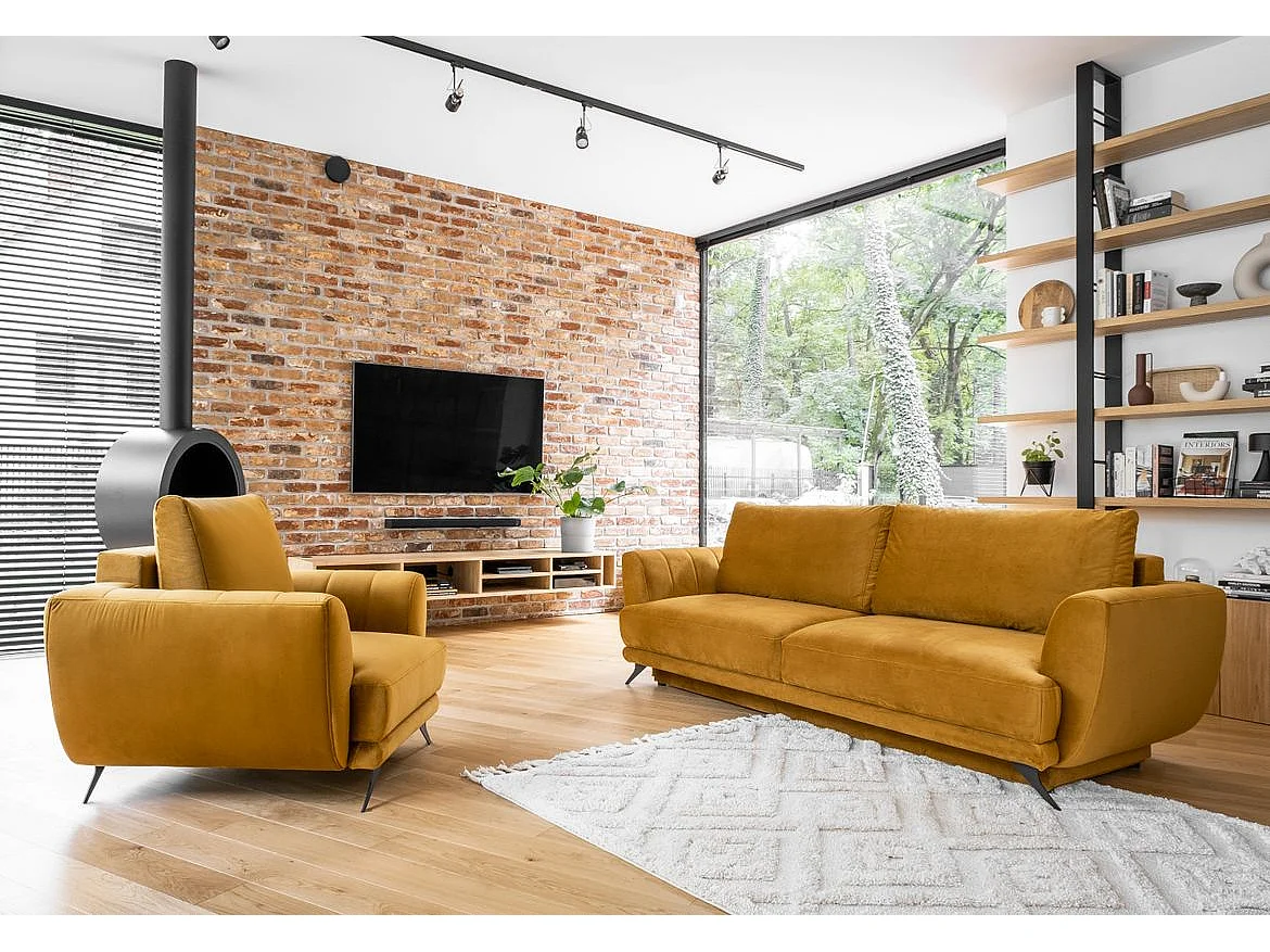 Ensemble canapé convertible velours jaune moutarde Zora - 1 canapé 3 places + 1 fauteuil + 1 pouf