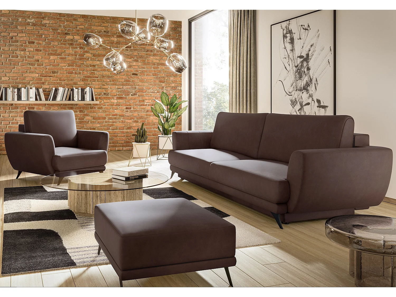 Ensemble canapé convertible simili cuirl marron Zora - 1 canapé 3 places + 1 fauteuil + 1 pouf