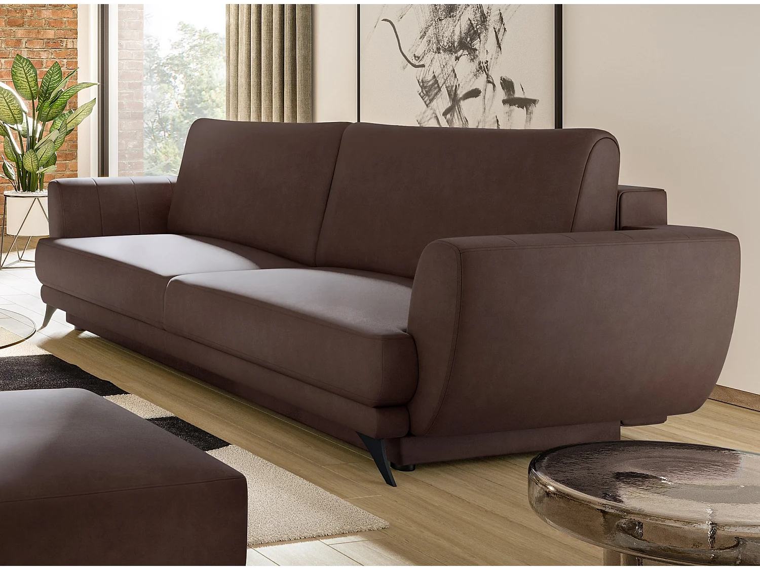 Ensemble canapé convertible simili cuirl marron Zora - 1 canapé 3 places + 1 fauteuil + 1 pouf