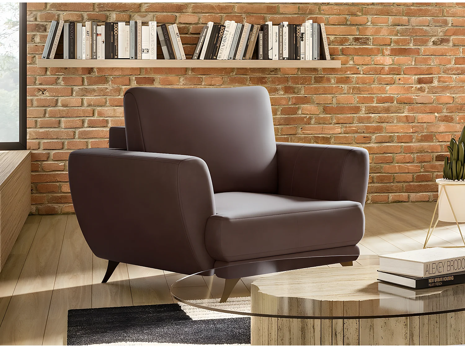 Ensemble canapé convertible simili cuirl marron Zora - 1 canapé 3 places + 1 fauteuil + 1 pouf